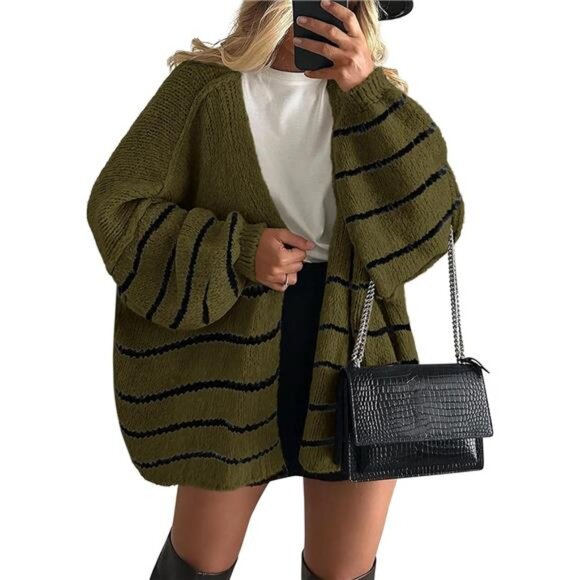 Womens Oversized Cardigan Sweaters Striped Army Green - Picture 1 of 6